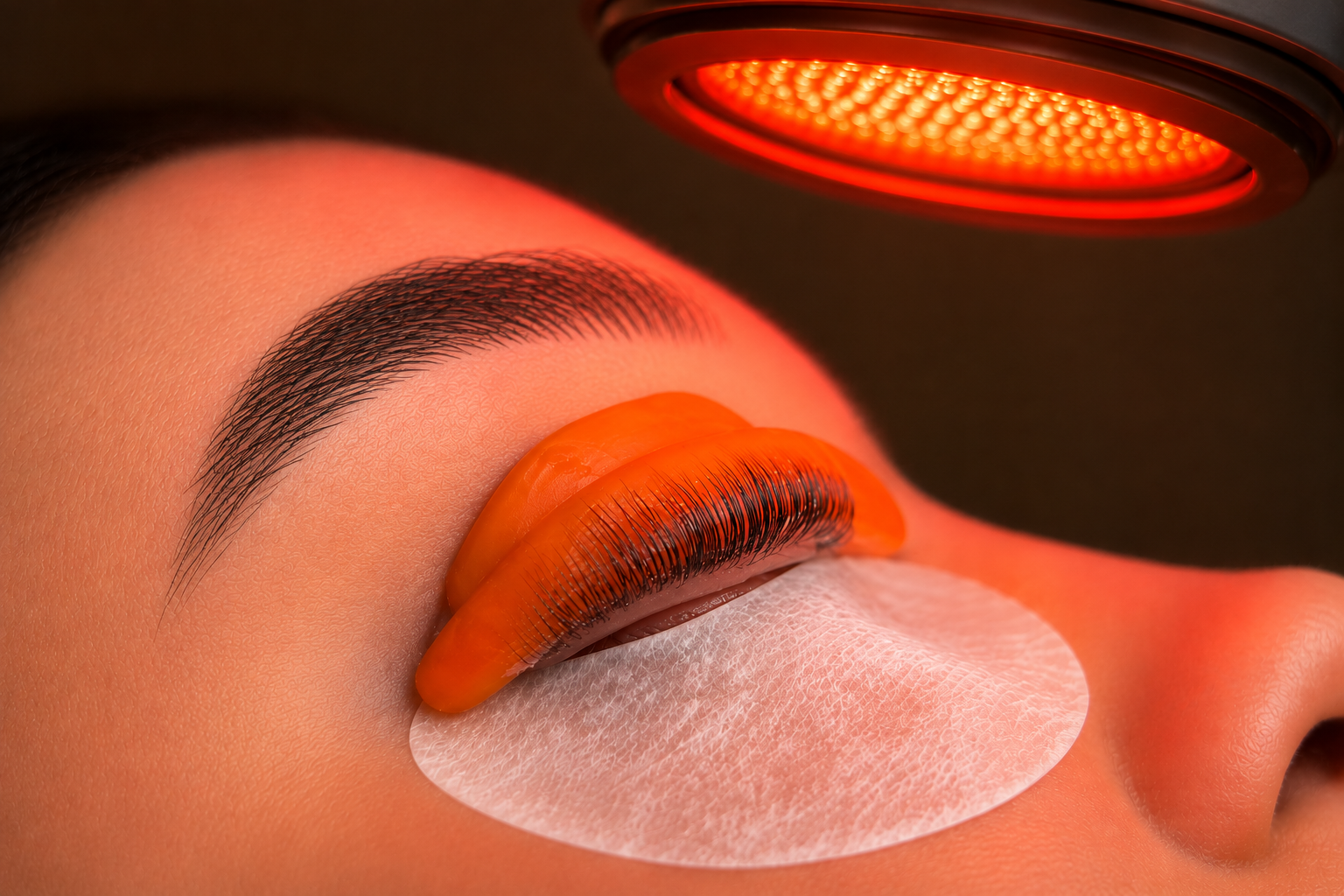 Brow lamination processing under a heat lamp